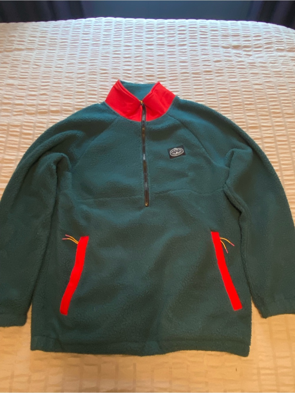 Urban Outfitters Green Fleece Half-Zip Pullover Sweatshirt with Red Trim